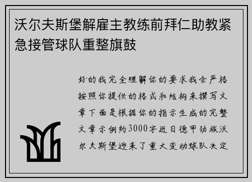 沃尔夫斯堡解雇主教练前拜仁助教紧急接管球队重整旗鼓